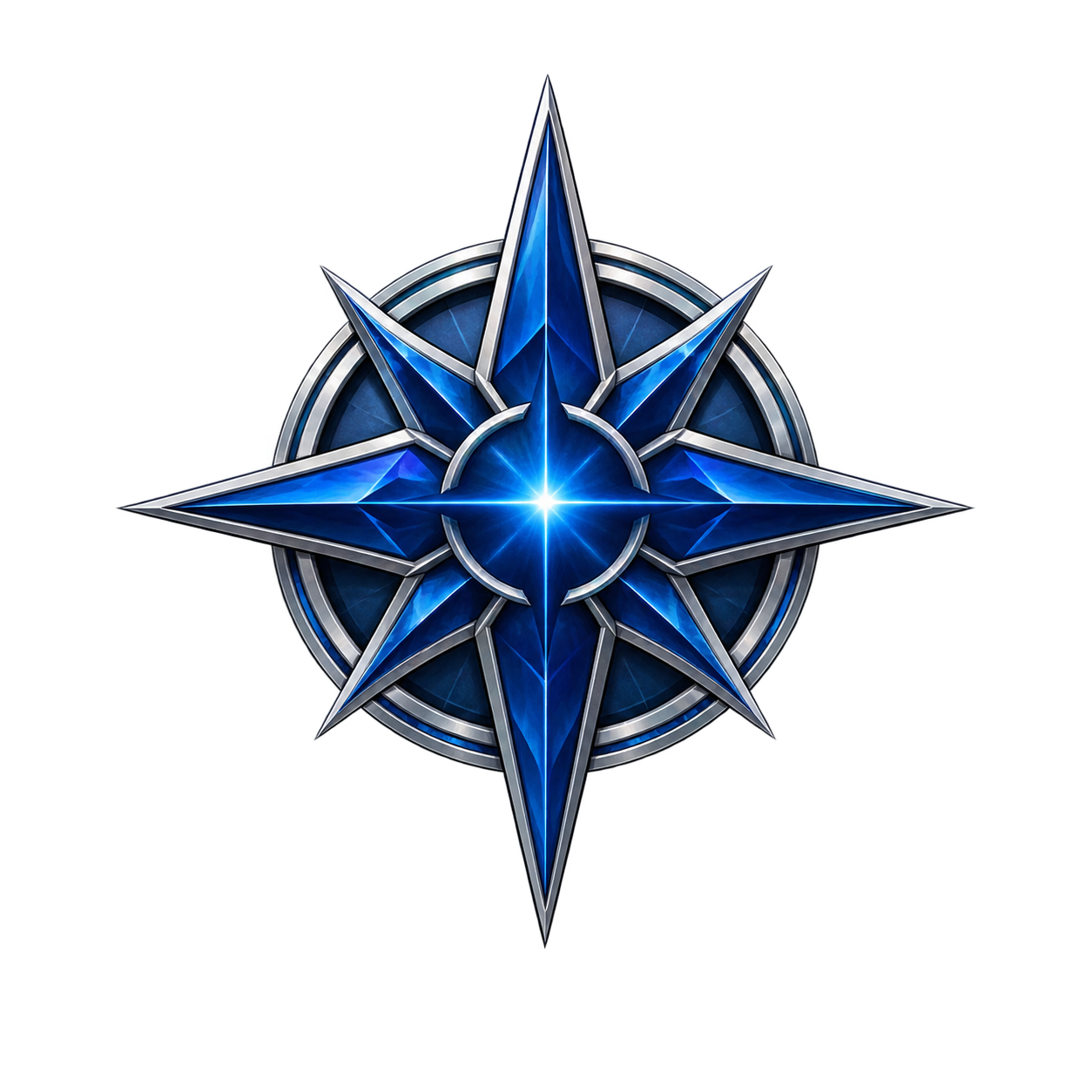 The Blue Spark medallion — a polished silver ring around a faceted deep blue eight-point compass star with a warm spark at its center.